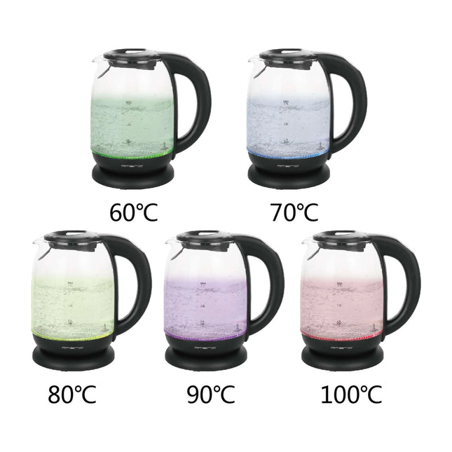 Glasvattenkokare med svart handtag från Nordic Cookware, olika färger för 60°C till 100°C