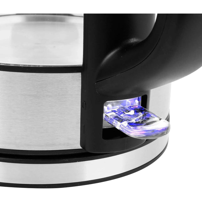 Detalj av elektrisk vattenkokare i rostfritt stål med blå LED-ljus, Nordic Cookware