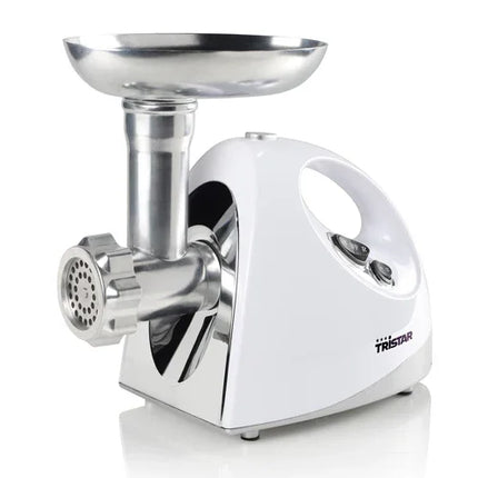 Elektrisk köttkvarn i rostfritt stål från Tristar, vit köksmaskin på diskbänk.