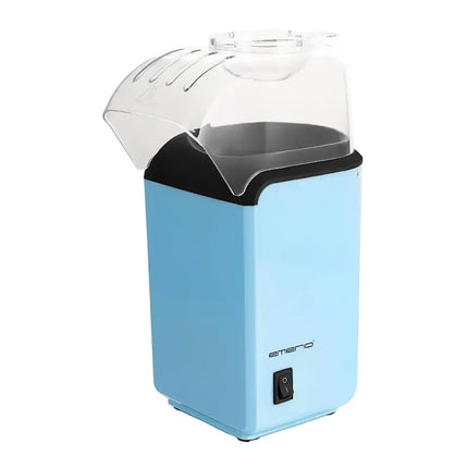 Blå popcornmaskin med genomskinligt lock från Nordic Cookware på vit bakgrund