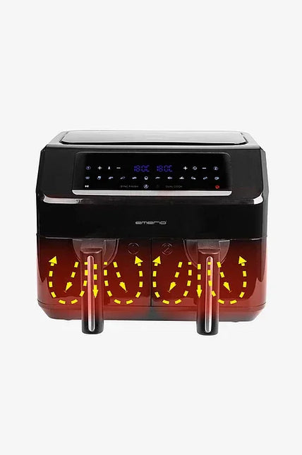 Dubbel airfryer från Nordic Cookware med digital display och värmeindikatorer, svart design.