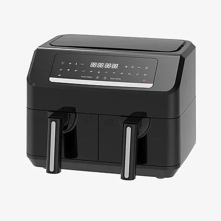 Svart dubbel airfryer med digital touchdisplay från Nordic Cookware mot vit bakgrund.