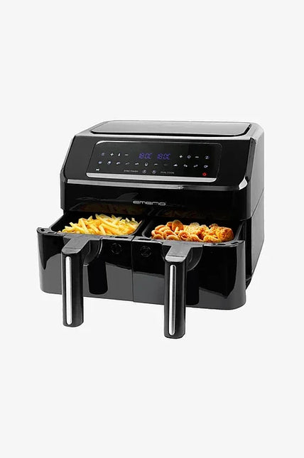 Svart airfryer med två lådor, fylld med pommes frites och kyckling, Nordic Cookware köksutrustning