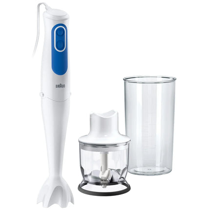 Vit stavmixer med blå knapp från Braun, mixerbägare och hackare, Nordic Cookware kökstillbehör
