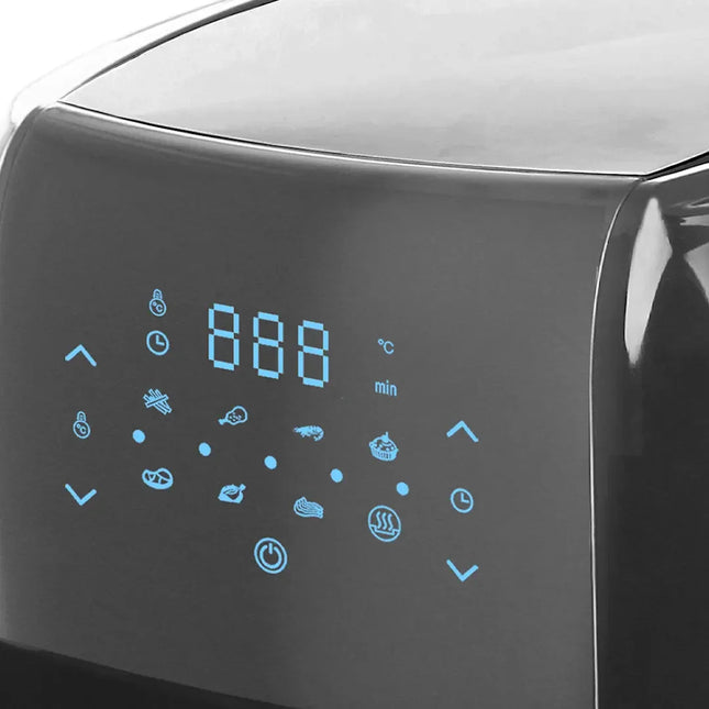 Närbild av digital touchpanel på Nordic Cookware airfryer med blå LED-display.