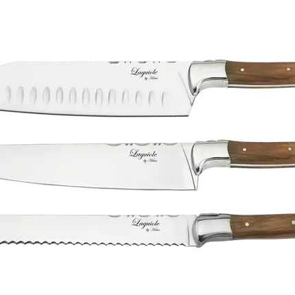 Laguiole By Hâws kockknivset med 3 knivar i olivträ och skärbräda i bambu
