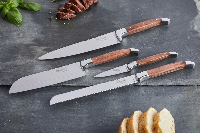 Laguiole By Hâws knivset med santokukniv, kockkniv, brödkniv och örtkniv med handtag i rosenträ