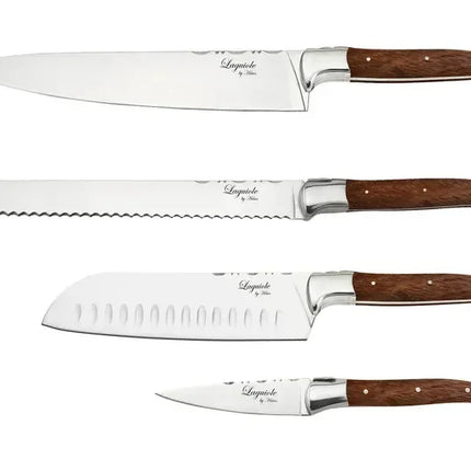 Laguiole By Hâws knivset med santokukniv, kockkniv, brödkniv och örtkniv med handtag i rosenträ