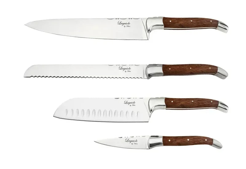 Laguiole By Hâws knivset med santokukniv, kockkniv, brödkniv och örtkniv med handtag i rosenträ