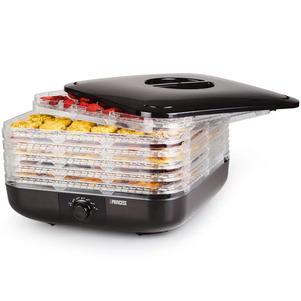 Matdehydrator från Princess med flera brickor fyllda med torkad frukt, Nordic Cookware