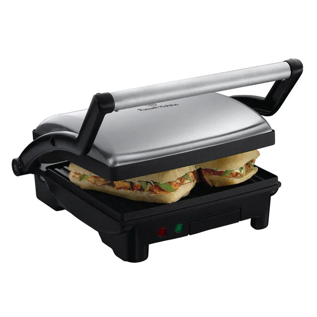 Kontaktgrill med rostfritt lock från Nordic Cookware, grillar två panini-smörgåsar.