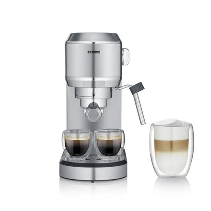 Modern espressomaskin i rostfritt stål med två espressokoppar och en latte, Nordic Cookware