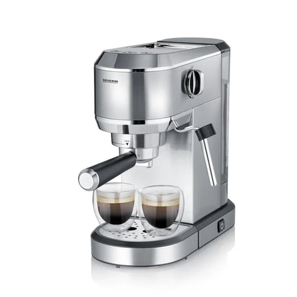 Espressomaskin i rostfritt stål på köksbänk, brygger två koppar kaffe, Nordic Cookware