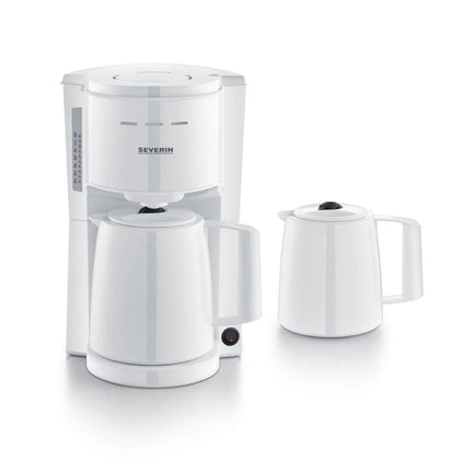 Vit Severin kaffebryggare med två termoskannor på vit bakgrund, Nordic Cookware kökstips