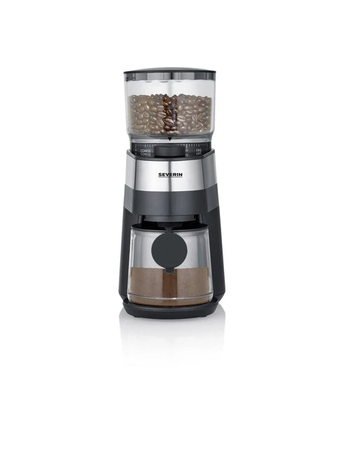 Elektrisk kaffekvarn Severin med kaffebönor och malet kaffe, modern design, Nordic Cookware.