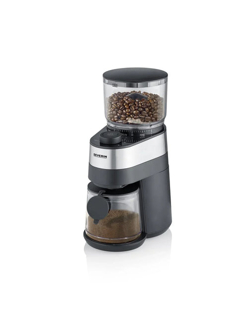 Elektrisk kaffekvarn Severin med kaffebönor och malet kaffe, stilren köksmaskin