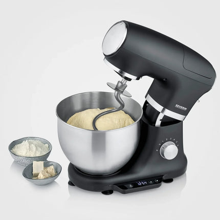 Svart köksassistent Severin med rostfri bunke knådar deg, mjöl och jäst på sidan, Nordic Cookware