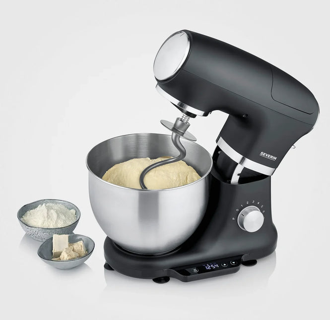 Svart köksassistent Severin med rostfri bunke knådar deg, mjöl och jäst på sidan, Nordic Cookware