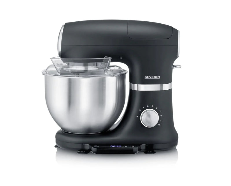 Svart Severin köksmaskin med rostfri bunke, modern design på vit bakgrund, Nordic Cookware