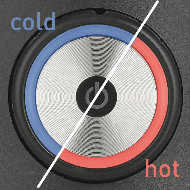 Närbild av en temperatureffekt på Nordic Cookware spis, kall blå och varm röd ring.