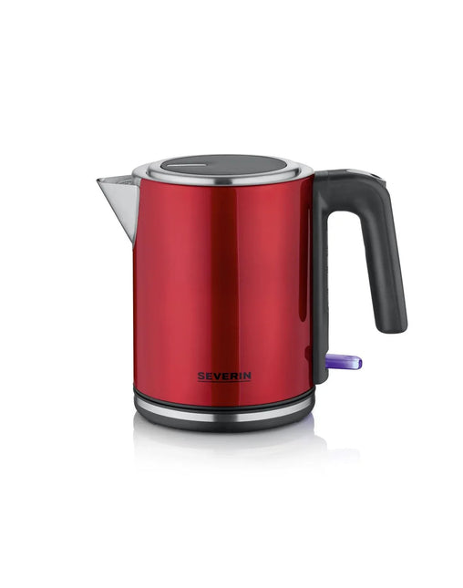 Röd elektrisk vattenkokare Severin med svart handtag, produktfoto mot vit bakgrund, Nordic Cookware